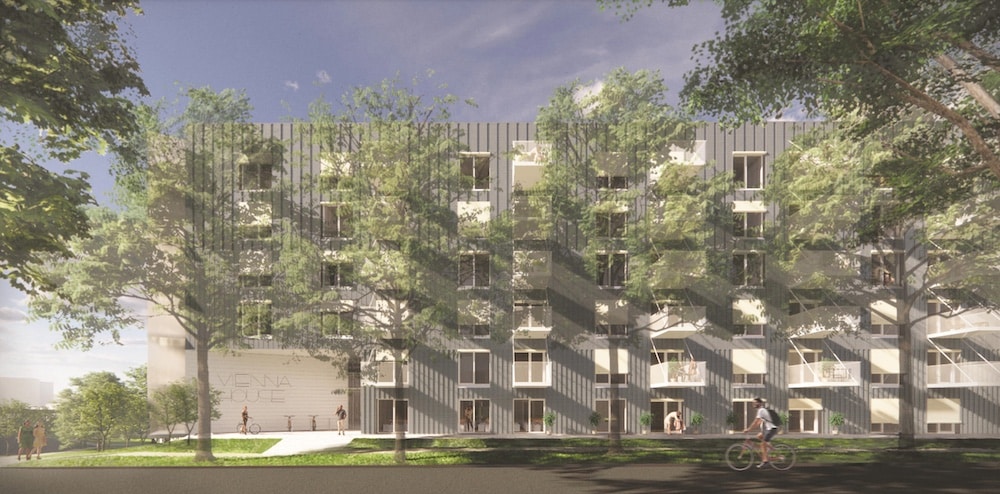 Rendering of upcoming social housing building at 2009-2037 Stainsbury Avenue.